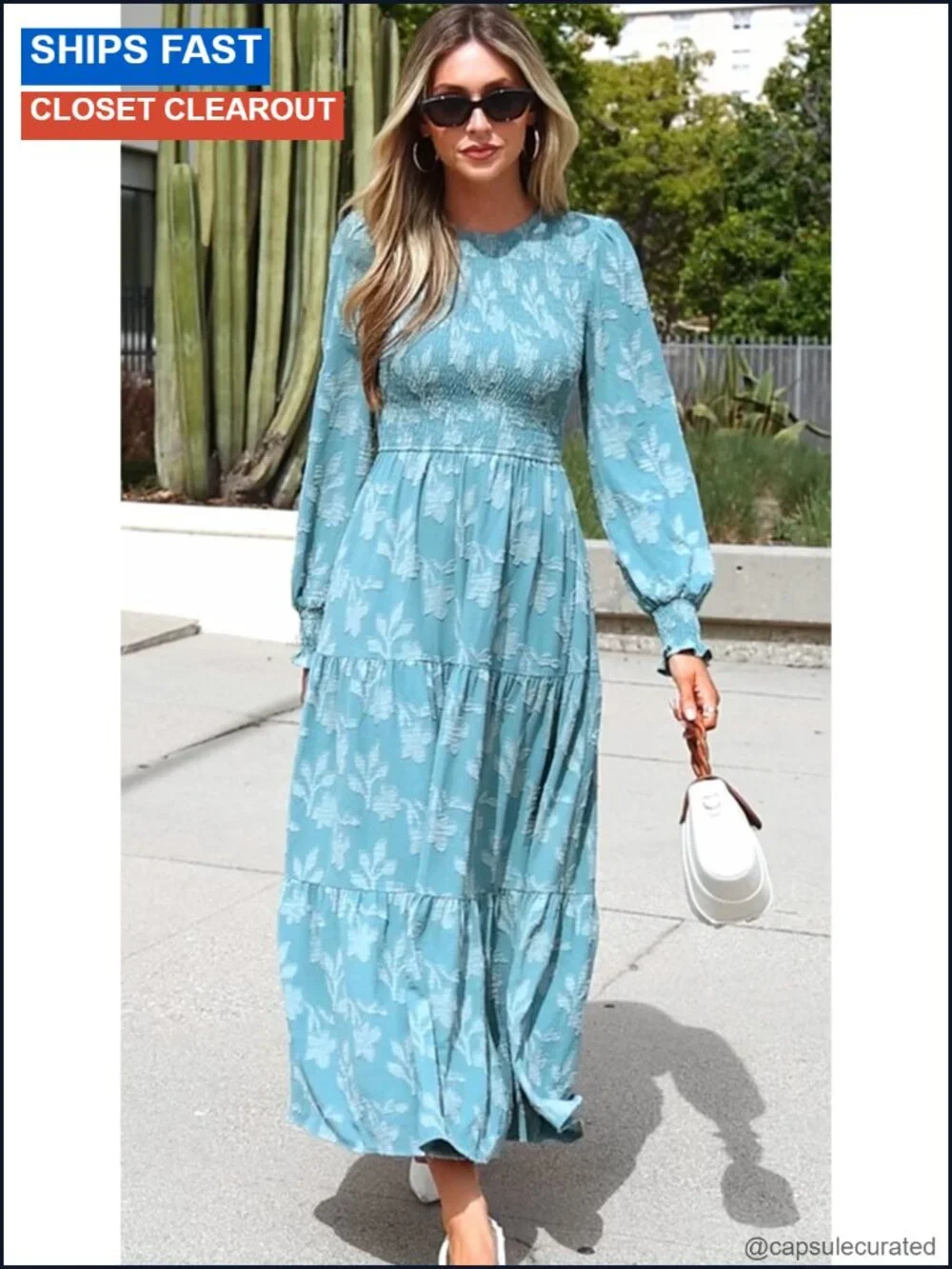 Floral Jacquard Midi Dress Long Lantern Sleeve Formal Wedding Guest
